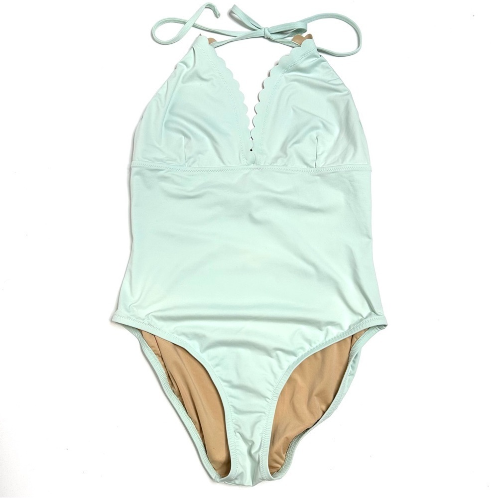 J.Crew Scallop Trim One Piece Halter Swimsuit Mint Green Sz 10 Unlined
